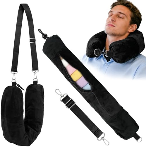XIANGLONGY Cojín de Viaje Rellenable en U con Correas Ajustables – Cojín Cervical de Viaje Plegable y Ahorra Espacio, Suave Terciopelo, Ideal para Avión, Coche, Camping y Senderismo