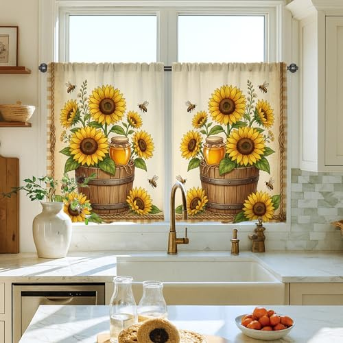 Tende da cucina con girasole, stile rustico con api e miele, tende gialle estive per piccole finestre, decorazione per sala da pranzo, angolo colazione, lavandino, 66 x 91 cm