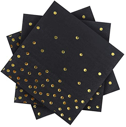 Aneco 120 Pack Schwarz mit Gold Dots Papier Servietten Cocktail Servietten mit 2-Lagen Ideal Gold Party Dekorationen, Geburtstagsparty Zubehör, 5 von 5 Zoll