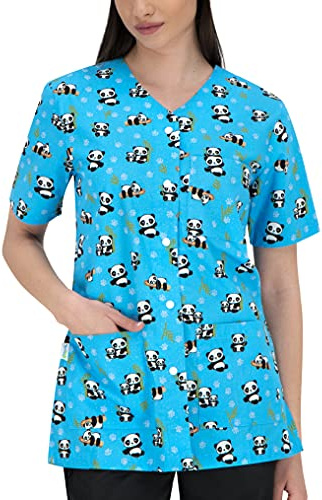 B-well Carina Schlupfkasack Damen Kasack Kurzarm V-Ausschnitt Kasacks Damen Pflege mit Knöpfen (Pandas, 2XL)