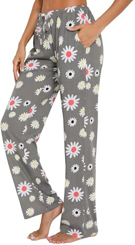 ENJOYNIGHT Pantalones de pijama cómodos de algodón para mujer, con bolsillos y cordón