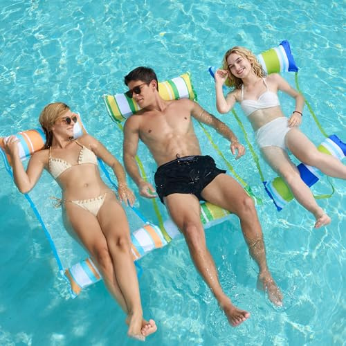Sloosh 3 Pack Inflatable Pool Float Hammock, Water Hammock Lounges, Multi-Purpose Swimming Pool Accessories (Saddle, Lounge Chair, Drifter) for Pool, Lake, Outdoor, Beach (Dark Blue/Yellow/Orange)