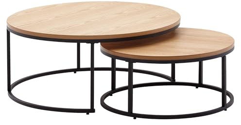 Wohnling Couchtisch 2er Set Holz/Metall Sofatisch Rund Eiche Modern, Design Beistelltisch 2-teilig, Runde Wohnzimmertische, Holztisch Satztische