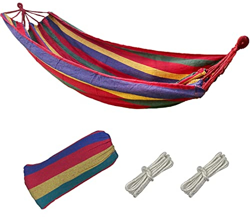 Firschoie Hängematte, Leinwand 280 x 100 cm Gesamtlänge 280cm Hammock Tragfähigkeit 300kg, Gestreifte Reisehängematte Bequeme Outdoor-Hängematten, Hangemate für Outdoor, Camping, Balkon, Strand(Rot)