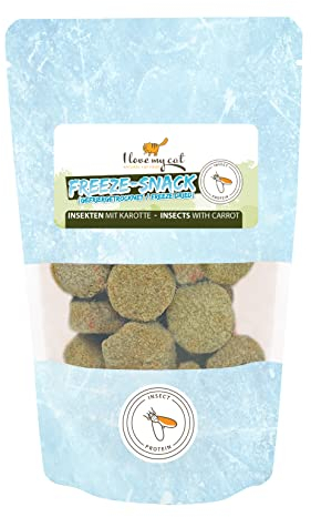 I Love My cat Freeze-Snack für Katzen mit Insekten und Karotte - 25 g. Getreidefreie, gefriergetrocknete Katzenleckerlis, leicht verdaulich und reich an Proteinen.