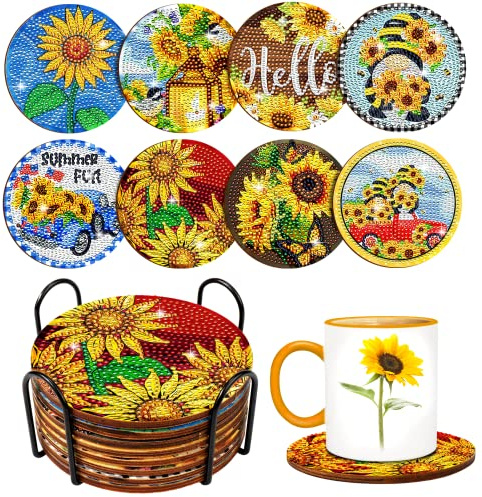 BSRESIN 8 Pcs Sunflower Diamond Art Coasters with Holder, Diamond Art Coasters Small DIY Crafts for Adults, Diamond Art Kits
