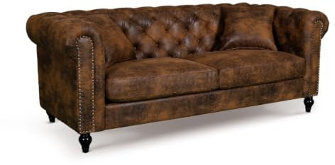 Lovesofas Brown Chesterfield Style Sofa 3 Seater – Faux Leather Tan Sofa with Accent Cushions, Button Detailing & Solid Wood Frame – Classic Three Seat in Faux Leather for Lounge, Office or Club