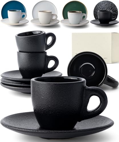 KIVY Espresso Tassen Set [4x 75ml] - Espressotassen mit Untertassen - Handgefertigte Espresso Tassen dickwandig - Italienische Espressotassen - Espresso Cups - Espressotassen Steingut Dickwandig