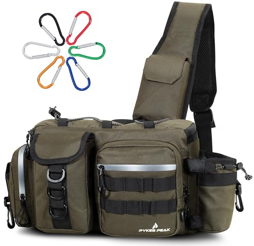 PYKES PEAK Fishing Bag | Waterproof Tackle Bag with Large Capacity | Includes 6 Carabiners | Versatile Fishing Shoulder Bag | Olive | L Size - Designed in Japan
