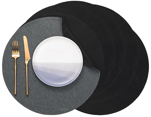 Banchif Tischsets, Durchmesser 38cm Leinenimitat Platzsets Abwaschbar rutschfeste Tischsets Platzsets Doppelseitigen Platzdecken (Grau-Schwarz, Rund Satz von 6)