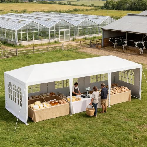 Aufun Carpa para fiestas, 3 x 9 m, resistente al agua, para jardín, jardín, exterior, protección UV, con 8 paredes laterales extraíbles y techo, resistente al invierno, color blanco