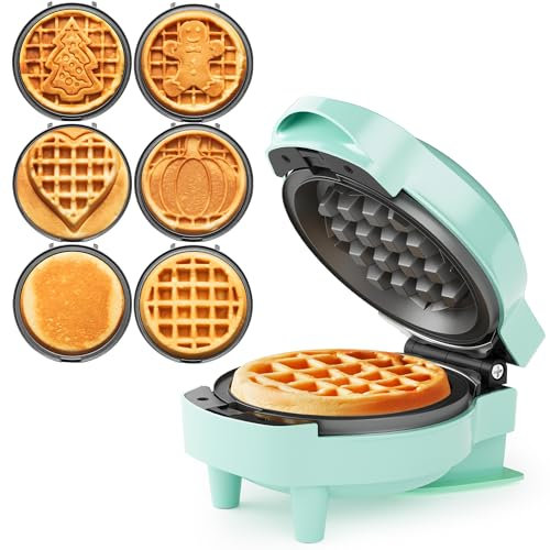 Sunvivi 4 Mini Waffle Maker: 6 in 1 Waffle Iron, Waffle Maker with Removable Plates 6pc, non-stick plates easy to clean, Mini Pancake Maker for Kids, Chaffle maker, Pizzelle iron