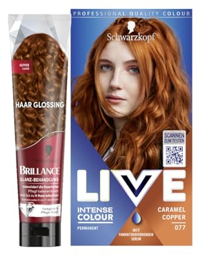 Schwarzkopf LIVE Intense Colour Haarfarbe 077 Caramel Copper (142 ml), dauerhafte Coloration & Brillance Glanz-Behandlung, Haar Glossing Kühles Blond (150 ml), pflegt & intensiviert