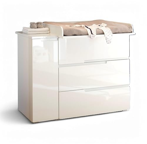 Spice Praktische Baby Wickelkommode inkl. Wickelaufsatz in Weiß Hochglanz - Vielseitiger Wickeltisch mit viel Stauraum - 120 x 102 x 80 cm (B/H/T)