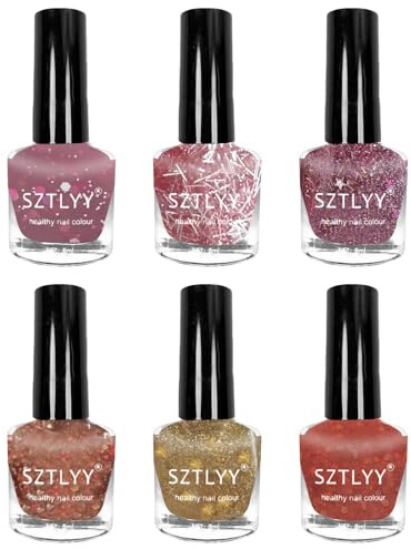 Glitzer Nagellack Mit Bunt Schimmer, 6 Farbe Klar Confetti Nail Polish Ungiftig Auf Wasserbasis Rosa Nail Polish Schnell Trocknen Shimmer Für Frauen DIY Maniküre Zuhause Nail Art, 8ML
