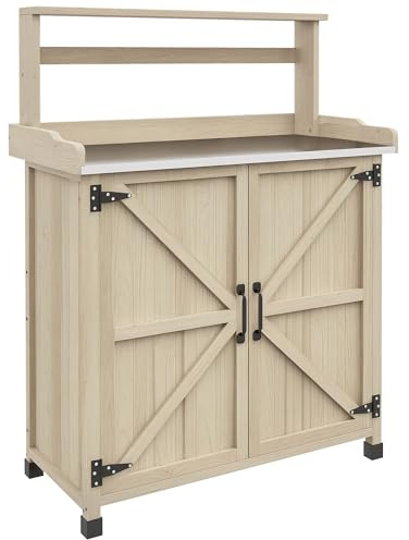 Outsunny Pflanztisch im rustikalen Stil mit Schrank und Regalen und verzinktem Tablett, rutschfeste Gleiter aus vorgeöltem Tannenholz, Maße: 90,5 L x 41 B x 124,5 H cm, Naturholzoptik