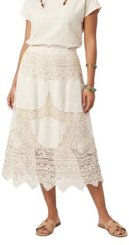 MODELISA - Falda Larga de Encaje para Mujer, Falda Midi Boho Chic de Cintura Alta Elástica Estilo Playero Casual Vintage