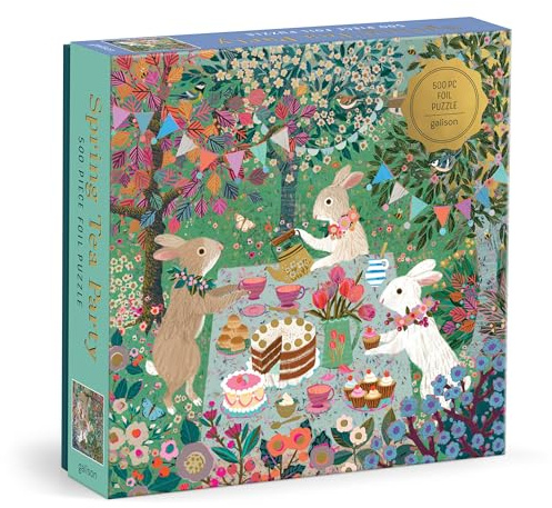 Galison Spring Tea Party – 500 Piece Foil Jigsaw Puzzle Featuring Beautiful Artwork of Rabbits Enjoying A Tea Party