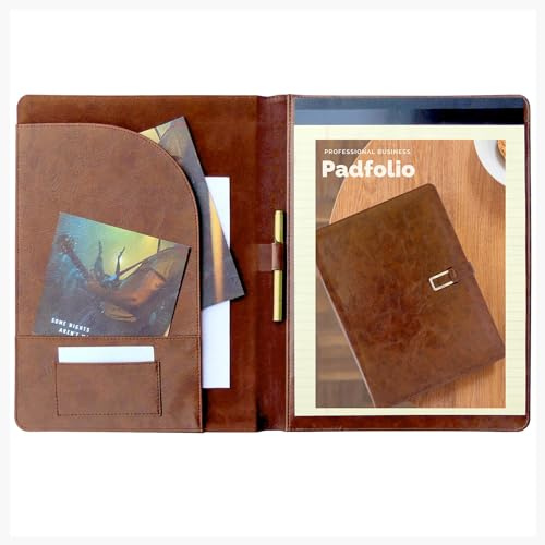 Office Werks Professional Padfolio – Leather Portfolio Folder with Letter Size Writing Pad, Business Card Holder, Pen Loop & Organizer Pockets, Resume Portfolio for Interviews & Meetings, Brown