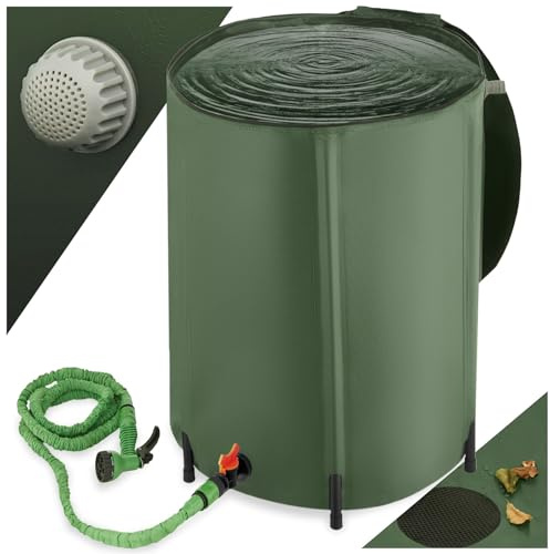 tectake® Vikbar Regntunna Grön med Överflödesskydd, Absolut Rostfri Regnvattentank, väderbeständig, Slitstark, Vatteninloppsgaller, Ovansidan med Blixtlås, Plastfötter, Regntunna 250 liter