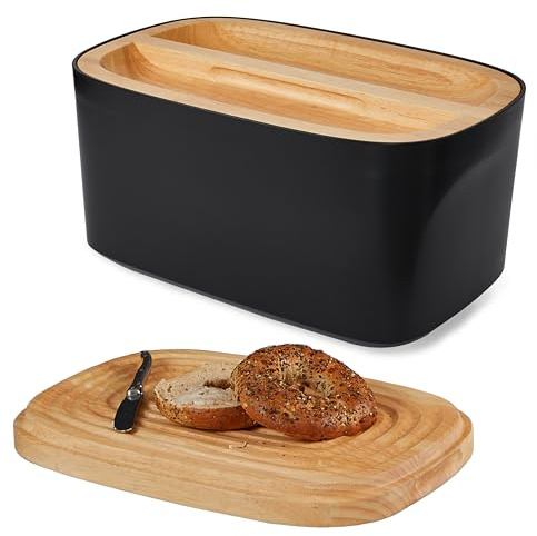 Sonder Los Angeles Union Large Bread Box | Fits Full Sourdough Loaves and More | Breadbox with Cutting Board | Homemade Bread Bin Storage Container | 14.25x9.25x7 in | Black