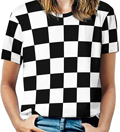 Bagea-Ka Black White Race Checkered Flag Pattern Womens Graphic Printed T-Shirt Short Sleeve Casual Tees Tops S