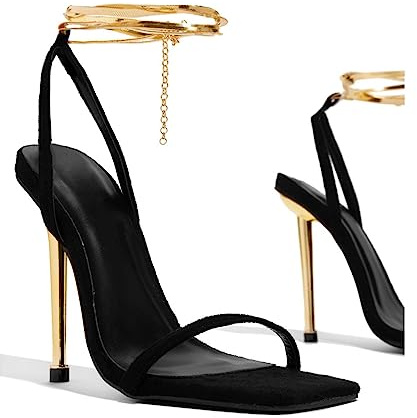 CcacHe Femenino Alta Puntiagudas Abierto Toe Stilettos Sandalias Confort Slingback Cadena Correa de Tobillo Tacón Zapatos 3,14 Pulgadas Bomba Vestido Fiesta Baile Boda Zapatos(Black,37 EU)