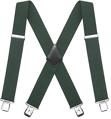 FACATH Men's Braces X Style 5cm Wide 2 inch Heavy Duty Suspenders for Trousers with 4 Strong Metal Clips, Tuxedo Suspenders Adjustable and elastic Braces for men's and women's trousers (Green)