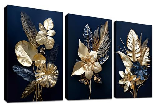 3 Panels 3D Marineblaue Goldblumen Mit Rahmen Leinwand Bilder Monstera Kokosnuss Blätter Bild auf Leinwand Malerei Poster Wandbilder Wohnzimmer Schlafzimmer Badezimmer Wanddeko 90x40cm (12x16x3pcs)