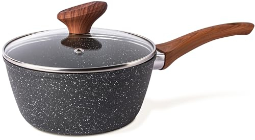 nuovva Non Stick Saucepan with Lid – Induction Small Saucepan – Marble Saute Pan – Small Cooking Pot for Electric, Gas & Induction Hobs – Soup Pan - 16cm