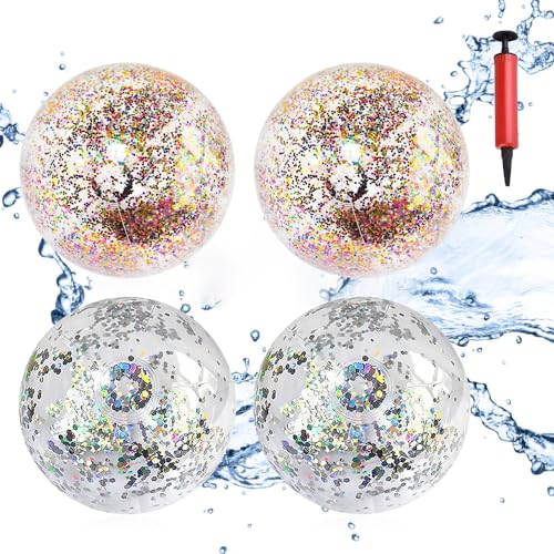 Riisoyu Lot de 4 ballons de plage gonflables transparents - À paillettes - Pour les activités d'été en plein air - Pour la plage, la piscine, les fêtes - Jouet aquatique