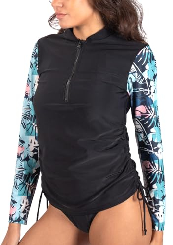 MASOCIO UV Shirt Damen Wasser Langarm Schwimmshirt Rashguard Badeshirt Badeanzug Frauen UV Schutz Schwimm Tshirt Surf Schnorchel Swim Schwimm Bade T Shirts Women Rash Guard XL Schwarz