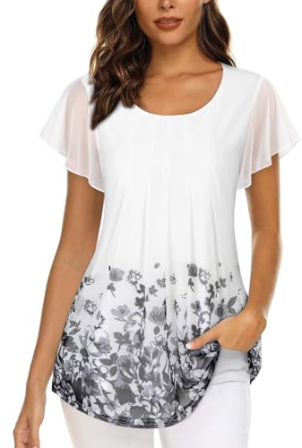 Akiooue Tunic Blouses for Women, Short Sleeve Womens Blouses and Tops Casual Layered Tunics Flowy Pleated Shirts Outfits Loose Fit Summer Office Work Clothes Maternity Evening