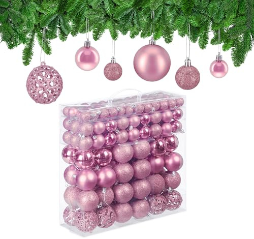 Relaxdays Weihnachtskugeln im 150er Set, glitzernde, matte & glänzende Christbaumkugeln, Kunststoff, ∅ 3, 4 & 6 cm, rosa