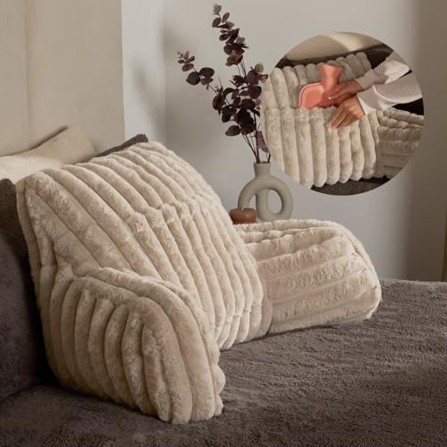 OHS Cuddle Cushion, Gifts for Women Men Ribbed Faux Fur Comfy Reading Pillows Sofy Cosy Gaming Cushion with Heatable Pocket Support Pillow with Arms Bed Seat for Relaxing Working, Natural