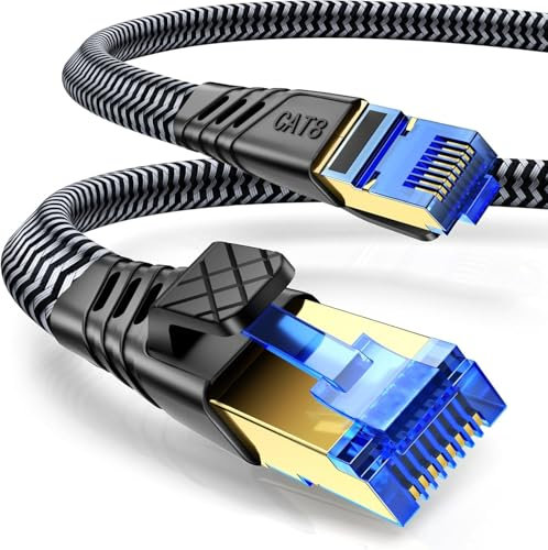 NORSHY Cat 8 LAN Cable, 40 Gbps Network Cable 2000 MHz Gigabit High Speed Internet Cable, Flat S/FTP RJ45 Cable, Braided Patch Cable for PS5/PS4, Switch, TV, PC, Modem, Router