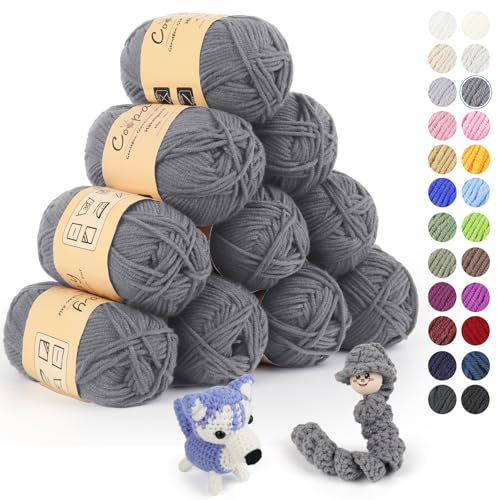 Coopay 10 Pelote de Laine à Tricoter, 450g (10x 45g), Laine Crochet Doux en Coton et Fibre, 5 Brins, Laine Crochet Tricot pour Layette, Fil à Crocheter Écharpe, Couverture, Gant - Gris Foncé