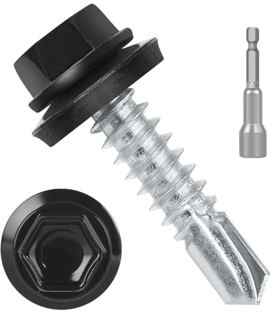 #10 x 3/4 (50 PCS) Black Metal Roofing Screws with Rubber Washer, Hex Head Self Tapping Screws for Metal, Self Drilling Sheet Metal Screw