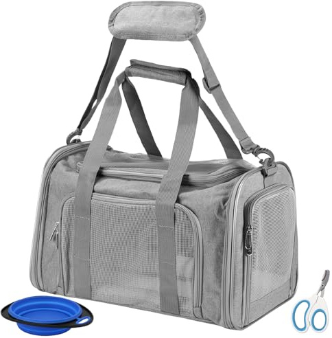 Vuxava Trasportino Gatto e Cane Piccola/Media Taglia, Borsa Zaino Trasporto Morbido e Traspirante con Tracolla e Cuscino Lavabile, 45x28x28cm, Portatile per Auto/Aereo (Grigio) (Grey L)