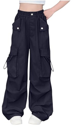 duxyoz Cargo Pants Girls Baggy Cargo Parachute Trousers Y2K Vintage Joggers High Waisted Lightweight Wide Leg Casual Trouser Elastic Waist Loose Oversize Joggers for Dancewear Age 14-15 Years