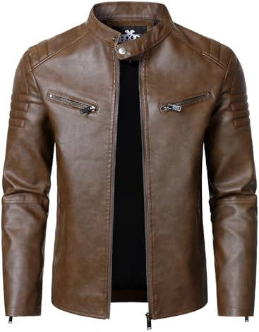HOOD CREW Men’s Faux Leather Motorcycle Jackets Stand-up Collar Leather Jacket Vintage Coats Outwear Brown XL