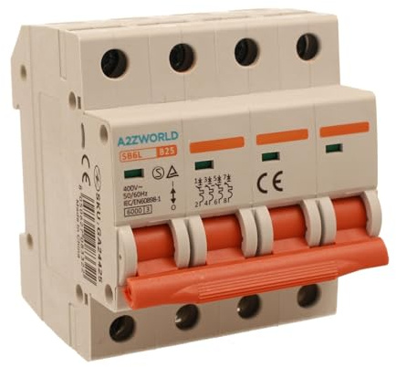 Leitungsschutzschalter, dreiphasig, 4P 25A B25, Kurve B 6kA, 4 Module DIN 380V AC, zertifiziert IEC60898-1, Serie SB6L