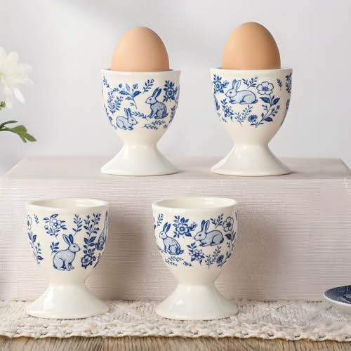 Reallnaive 4 Pcs Easter Ceramic Egg Cups for Soft Boiled Eggs Chinoiserie Blue and White Bunny Egg Holders Easter Rabbit Porcelain Soft Boiled Eggs Holder for Holy Week Spring Party Table