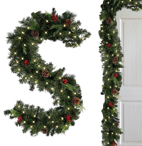 Jul tall girlang – julgirlangljus, 5,9 fot batteridrivna 2 belysningslägen | förtjockad estetisk konstgjord röd bär för mantel, utomhus, trappräcke