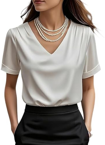 Chemise Satin Femme Chic Et Élégant Blouse Satinée Femme Col en V Manches Courtes Chemisier Satin Doux Top De Bureau Tunique Shirts Haut Soie pour Fête,Mariage,Soirée Cocktail