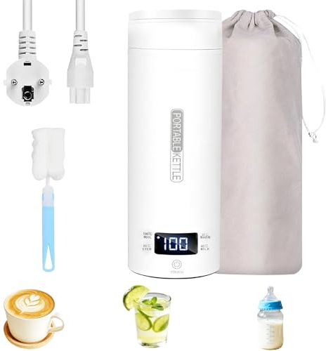 GothicBride Reisewasserkocher 0.4 Liter, Tragbarer Reise Wasserkocher mit Temperatureinstellung, Elektrischer Reisewasserkocher Schnell für Tee Kaffe Milch(Beige)