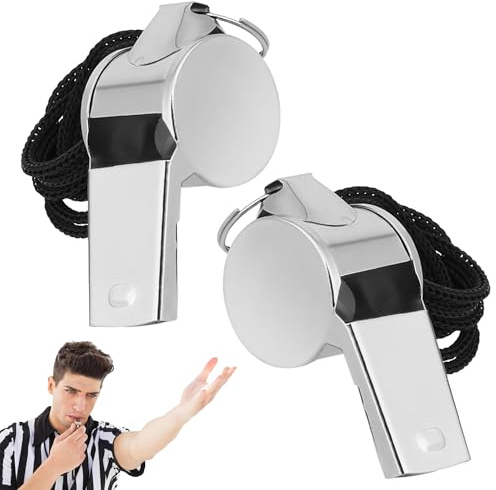 Ousuwo Juego de 2 silbatos de acero inoxidable, silbato de árbitro de sonido claro fuerte con cordón negro para deportes y entrenamiento de perros (plateado)