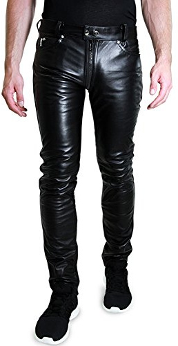 Bockle® 1991 Gay-Zip Jeans Tube Skinny Slim Fit Man Läderbyxor Byxor Full Zip Läderjeans Män Äkta Läder, Svart, 30W x 32L