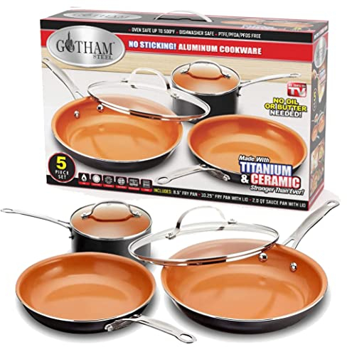 Gotham Steel 5 Piece Kitchen Essentials Cookware Set with Ultra Nonstick Copper Surface Dishwasher Safe, Cool Touch Handles- Includes Fry Pans, Graphite