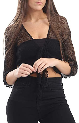 Love My Fashions® Women’s Fish Net Knitted Tie Up Bolero Shrug Top Ladies 3/4 Sleeve One Size Fits All Black